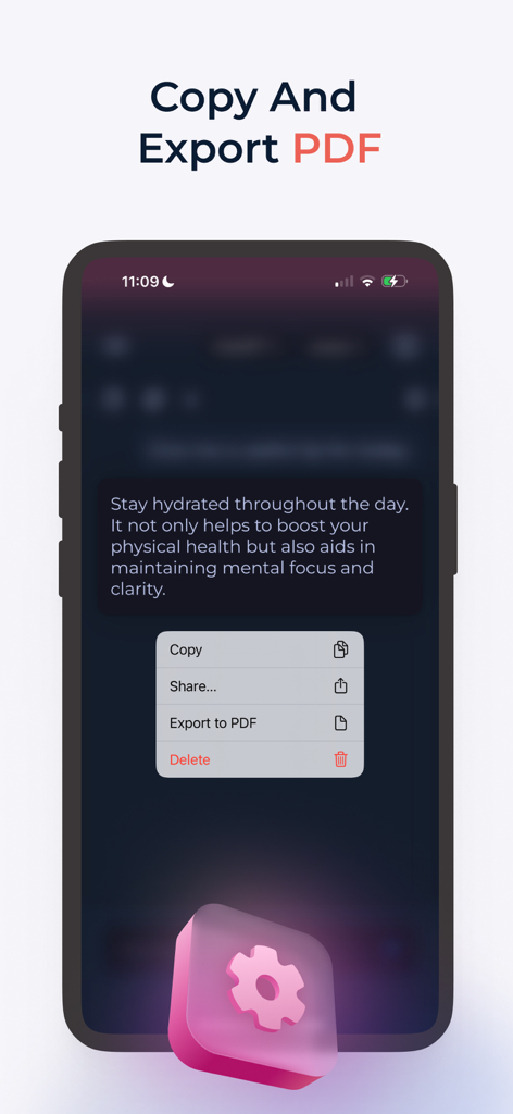 AI Chatbot GPT-5 Assistant - Interfaz de la aplicación de asistente de IA que muestra un mensaje con un menú para copiar y exportar el chat a PDF