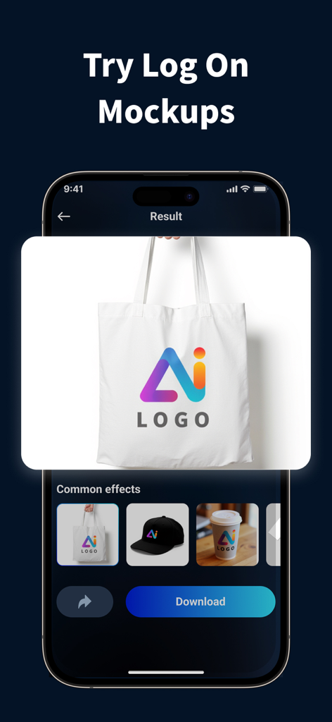 AI Logo Maker®Brand Design - La aplicación AI Logo Maker que muestra maquetas de marca en una bolsa de mano, un sombrero y una taza de café.