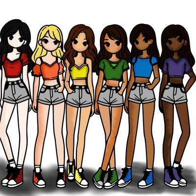 a group of girls wearing crop tops and shorts
