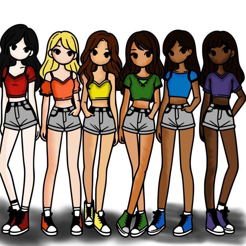 a group of girls wearing crop tops and shorts