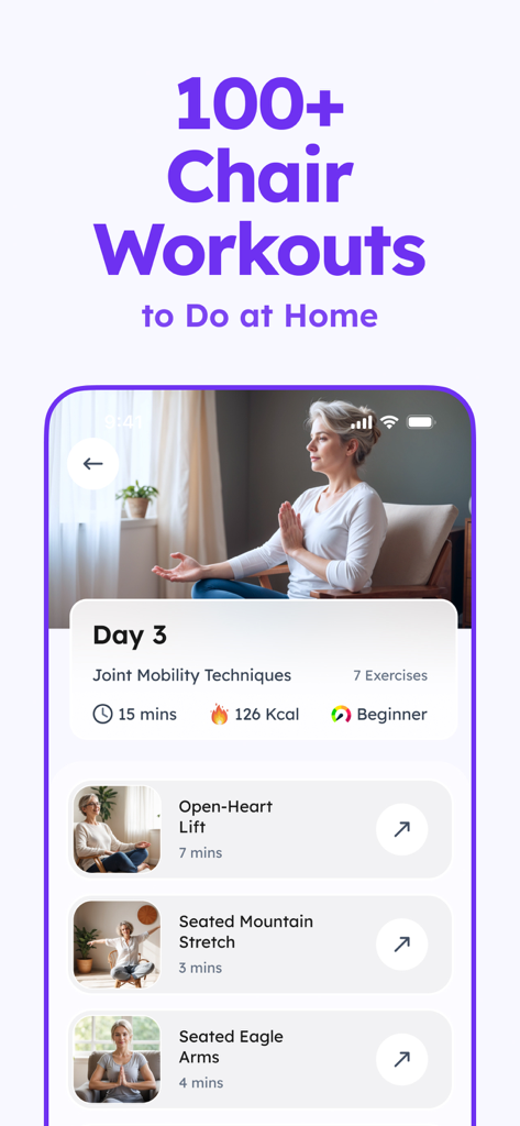Chair Yoga for Seniors - Una pantalla de aplicación móvil para Yoga en Silla para Mayores que presenta una lista de ejercicios sentados y una mujer practicando en casa