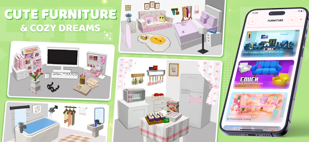 Minecraft furniture modpacks showing cute pastel bedroom and kitchen decorations