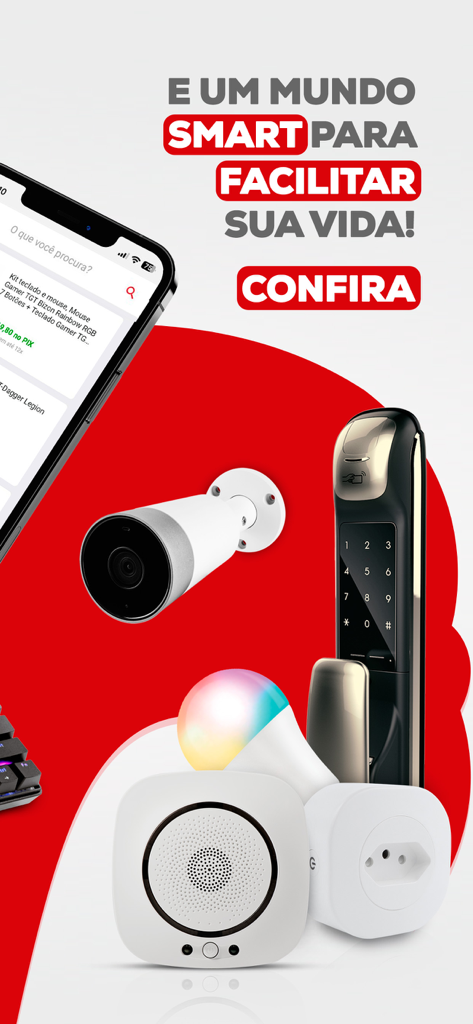 Smart home products including a security camera digital lock and smart bulb displayed with the Pichau app