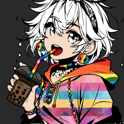 hot baddie anime girl drinking boba and biting the straw