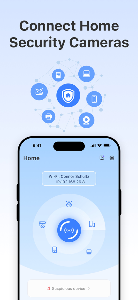 Camera Connect - Home Security - Pantalla de smartphone mostrando un escaneo de red Wi-Fi en busca de cámaras ocultas y dispositivos sospechosos.