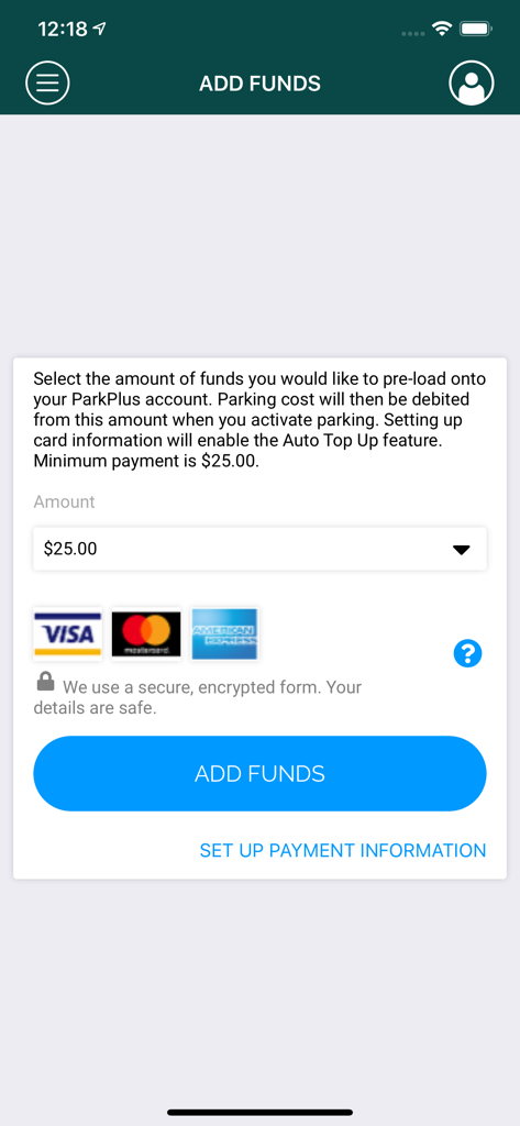MyParking - MyParking app screen to add funds to a ParkPlus account with credit card payment options