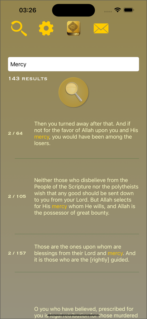 The search interface of the Offline Quran Audio Reader 2 app showing verses containing the word mercy.