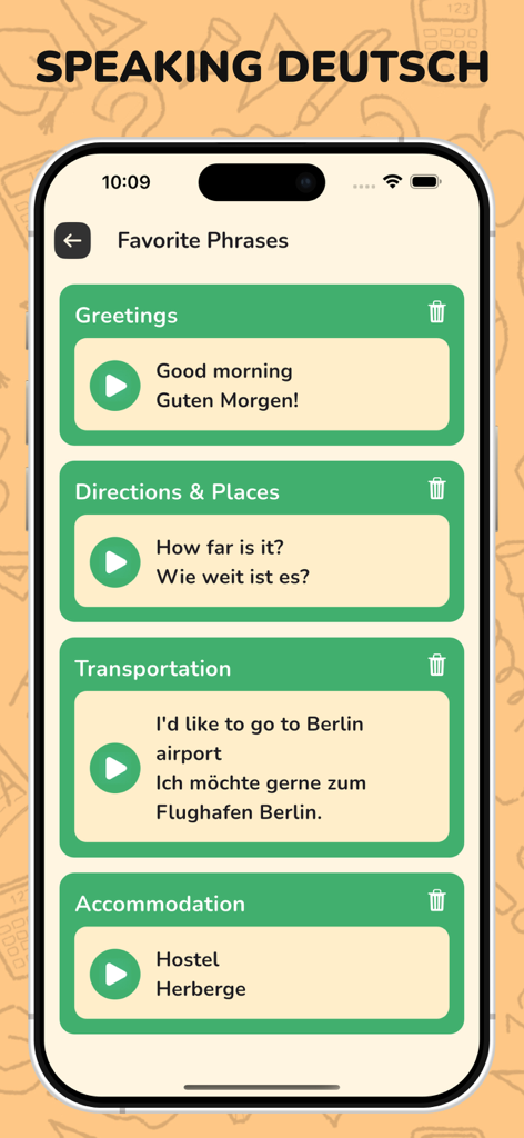 German Listening & Speaking - Interfaz de la aplicación Escuchar y hablar alemán que muestra una lista de frases de viaje favoritas con botones de audio.