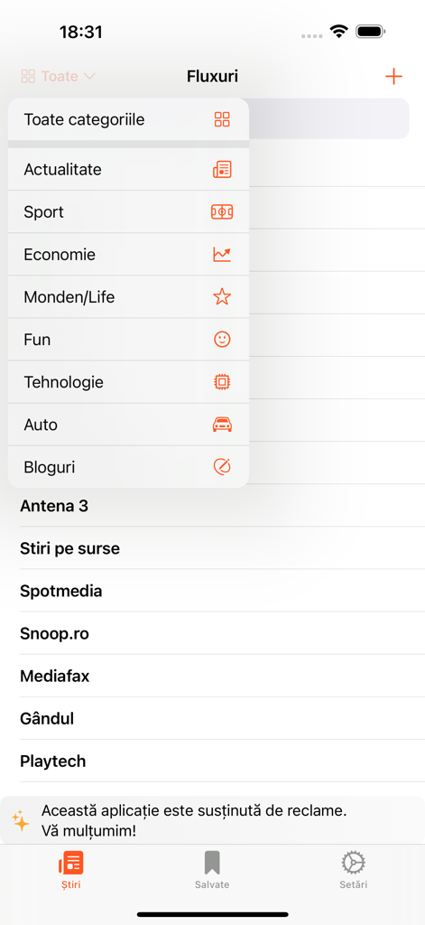 Romanian News app interface showing the news categories menu and a list of media sources