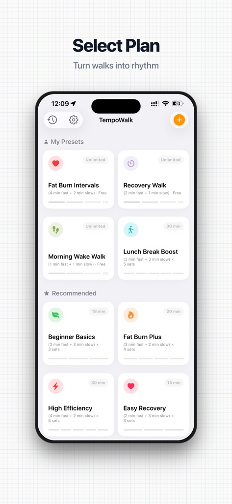 TempoWalk: Interval Walking - Interface of TempoWalk app displaying a list of structured interval walking plans.