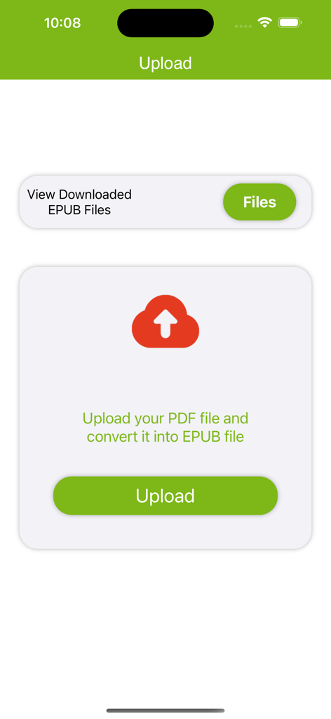 PDF To EPUB App - PDF to EPUB converter app interface showing the upload screen with a file selection button