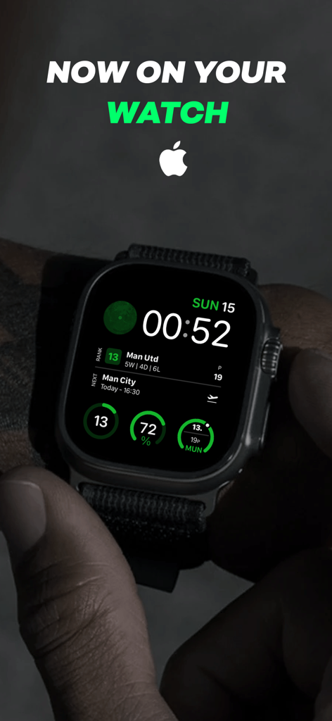 Apple Watch showing live football standings and match schedule widgets