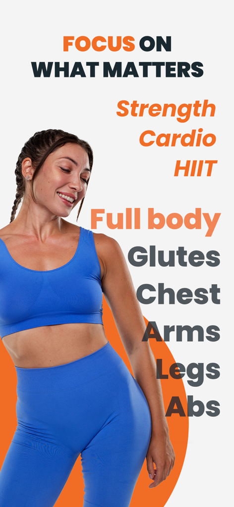 Una mujer con ropa deportiva junto a un texto que enumera categorías de entrenamiento como fuerza, cardio y grupos musculares específicos.