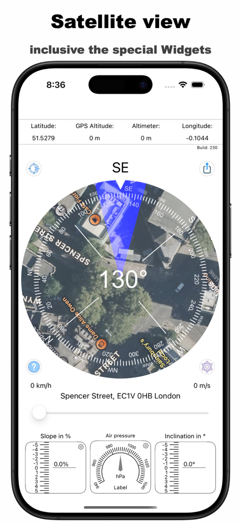 Compass - Professional - Benutzeroberfläche der Kompass Professional App, die ein Satellitenkarten-Overlay mit Kompass, GPS-Koordinaten und Navigations-Widgets zeigt.