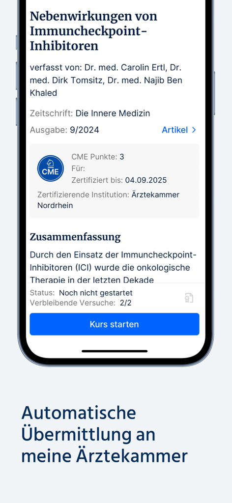 Interface of the CME Springer Medizin app showing medical course details and automatic CME point transmission