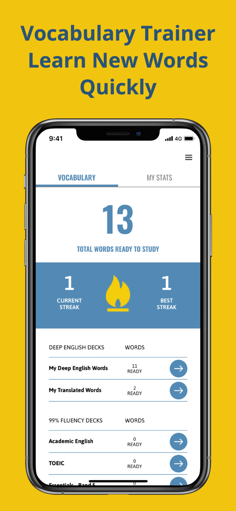 Deep English Learning - Dashboard of the Deep English Learning app showing the vocabulary trainer and study decks