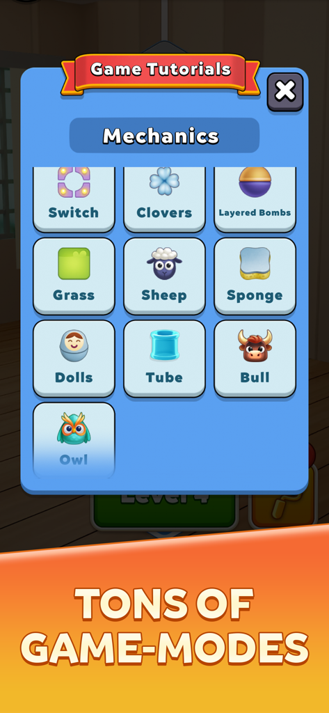 A tutorial menu showing various game mechanics and modes like sheep grass and sponge in Collect Em All