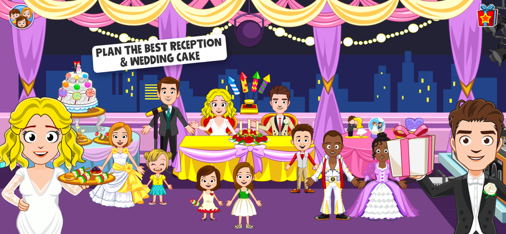 A group of characters celebrating at a wedding reception party with a multi-tiered cake