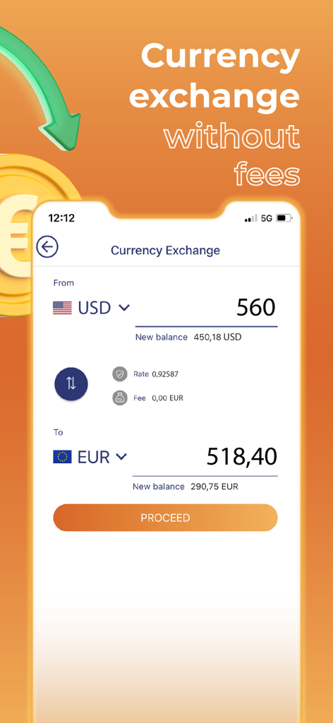 Interfaz de la aplicación de billetera digital MyFin que muestra un cambio de divisa sin comisiones de dólares estadounidenses a euros