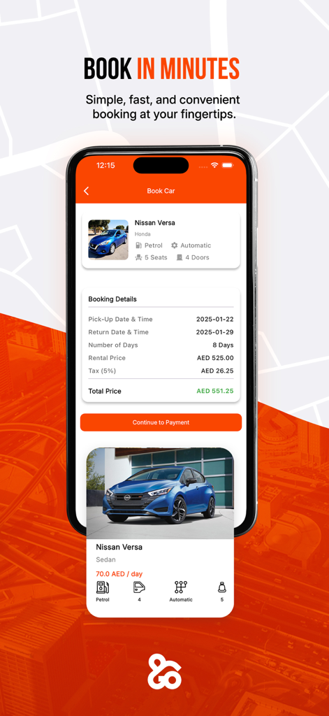 Rent and Go: Car Rentals - A smartphone screen displaying the Rent and Go car rental app booking details for a Nissan Versa.