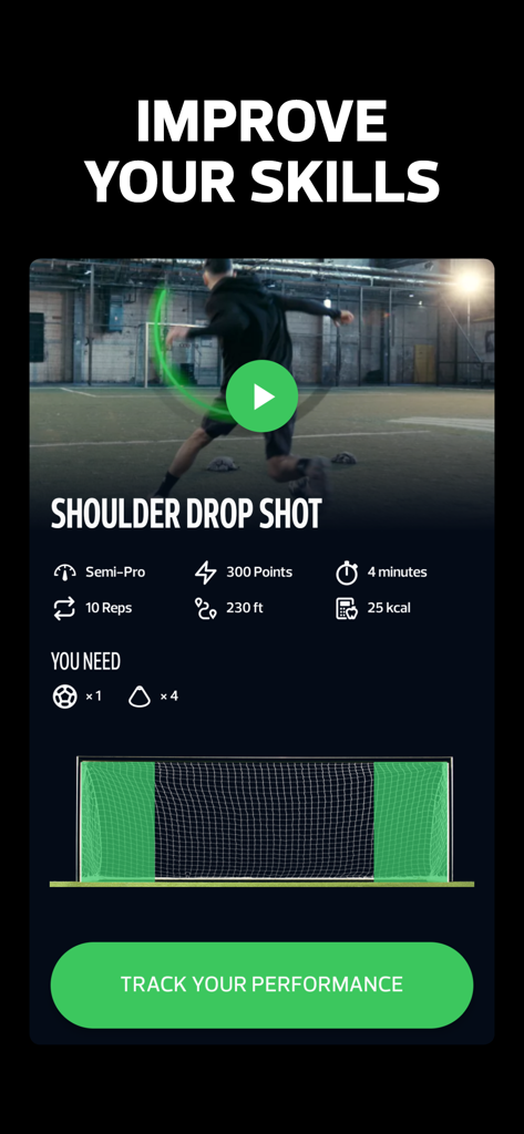 box-to-box: Soccer Training - Tela de aplicativo móvel mostrando um treino de futebol chamado Shoulder Drop Shot com estatísticas de desempenho e áreas de gol alvo.