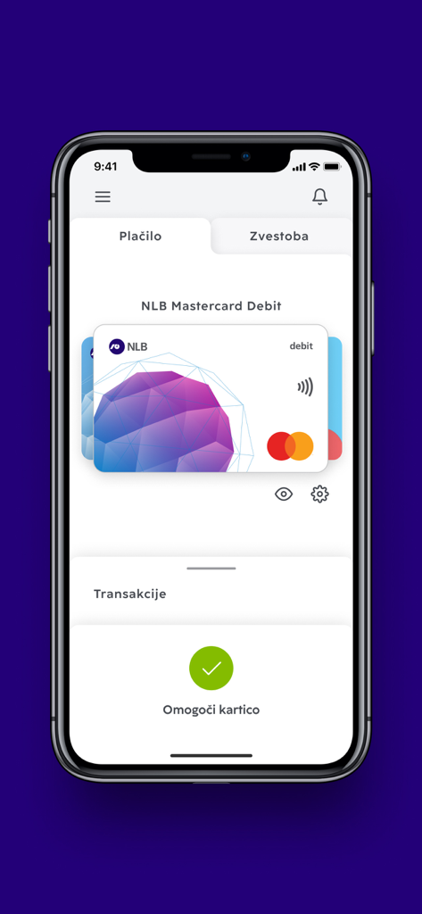 NLB Pay - NLB Pay app interface on an iPhone showing a Mastercard debit card and contactless payment options