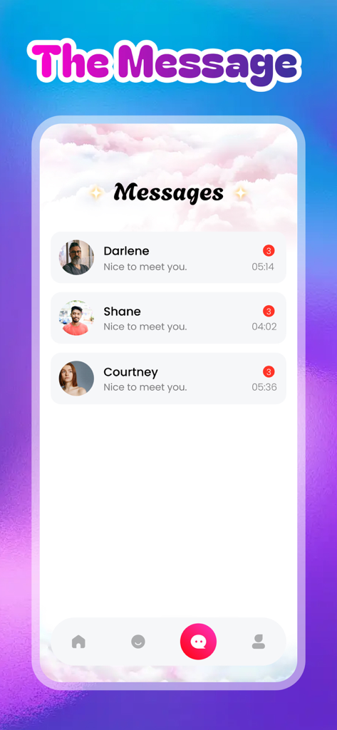 Kiso - A screenshot of the Kiso app showing the messages screen with active conversations and a clean aesthetic cloud-themed background.