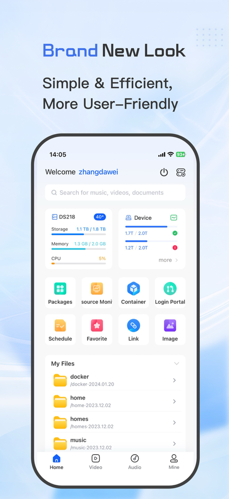 DS Cloud-Video Library&Player - Home screen of the DS Cloud app showing Synology NAS storage status and file folders on an iPhone interface