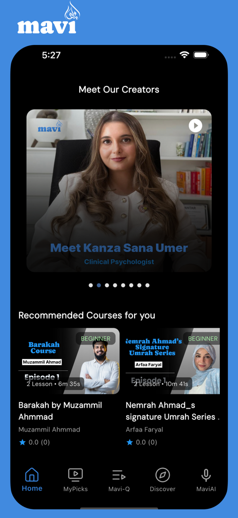 Mavi App - Mavi app home screen displaying female creators and recommended educational video courses