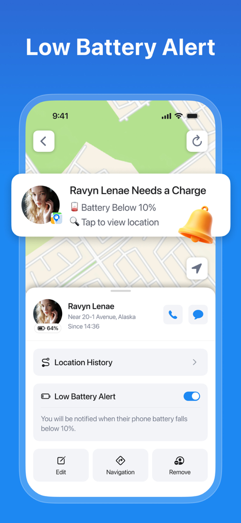 Phone Tracker - Share Location - Una interfaz móvil de una aplicación de rastreo de teléfonos que muestra una notificación de alerta de batería baja para un contacto compartido.