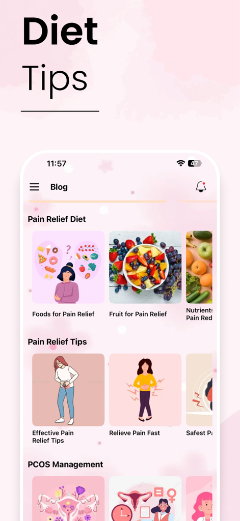 Blog section of the period tracker app featuring diet tips for pain relief and PCOS management.