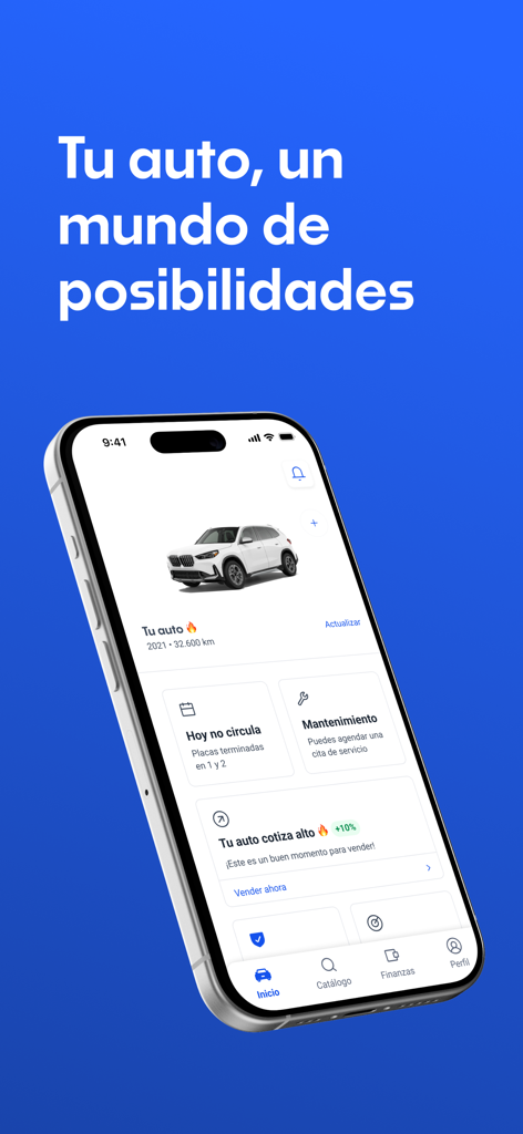 Kavak: Compra y venta de autos - A smartphone displaying the Kavak app interface with car management tools and maintenance options on a blue background.