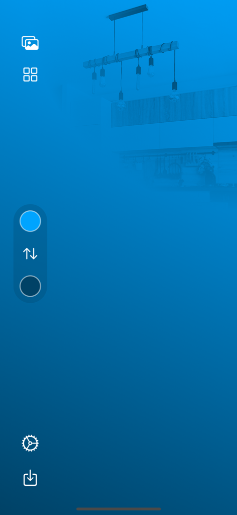 HomePaper for HomeKit - Interface do aplicativo HomePaper com um gradiente azul e fundo de cozinha desfocado