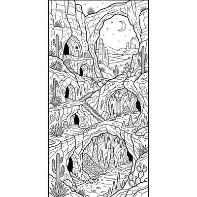 Dive into a subterranean world with this captivating desert caves coloring page, perfectly designed to be your next unique bookmark. Uncover hidden depths and intricate rock formations as you bring this adventurous scene to life.