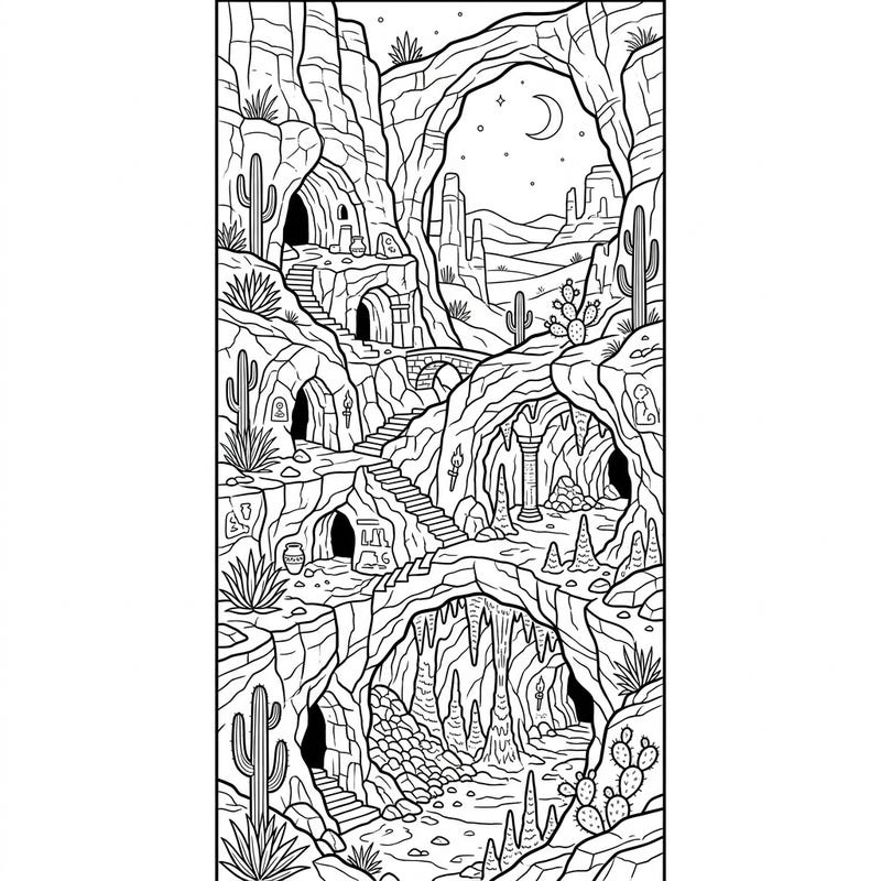 Dive into a subterranean world with this captivating desert caves coloring page, perfectly designed to be your next unique bookmark. Uncover hidden depths and intricate rock formations as you bring this adventurous scene to life.