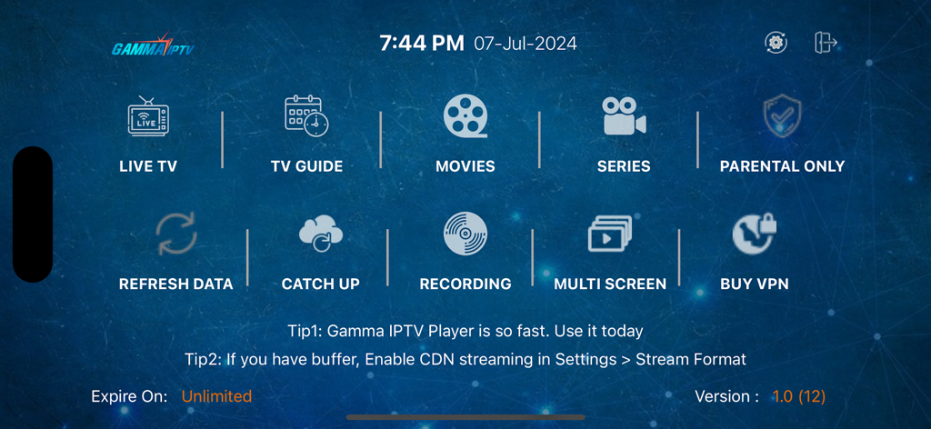 Main dashboard of the Gamma IPTV Player app showing icons for Live TV Movies Series and TV Guide