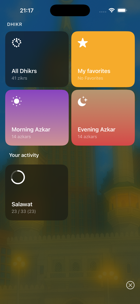 Sajda App-Dashboard mit Abschnitten für Dhikr Morgen-Azkar und Abend-Azkar