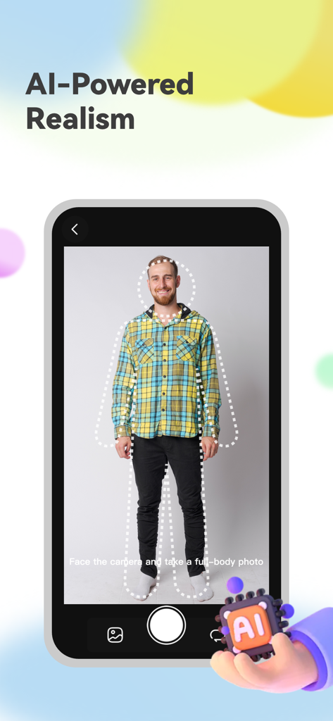 Swagme: AI Dance Animator - Interface d'application mobile montrant la capture de photo du corps entier pour l'animation de danse IA