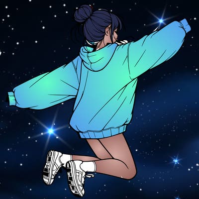 realistic girl jumping with a bun and oversized sweatshirt