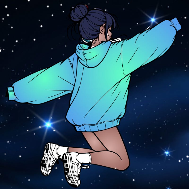 realistic girl jumping with a bun and oversized sweatshirt