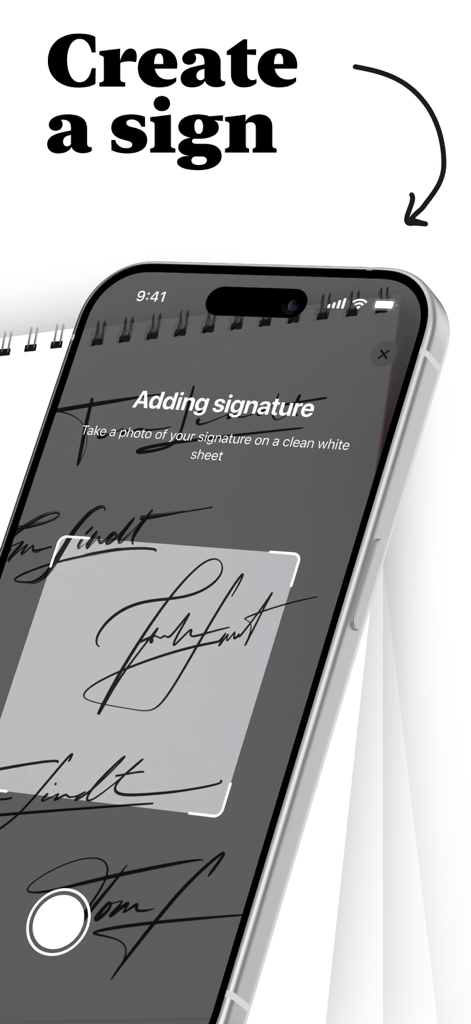 Signature: sign documents - Signatureアプリでカメラを使って手書きの署名をキャプチャするプロセスを示すiPhone画面