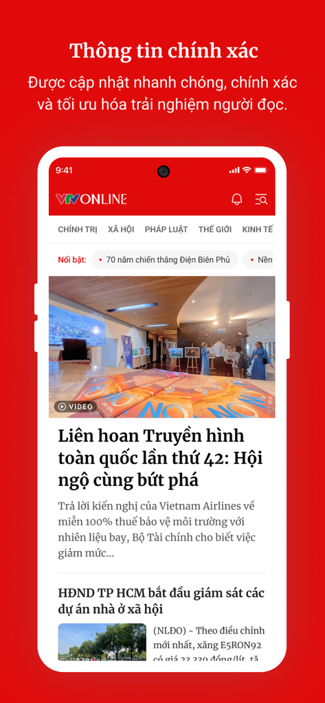 VTV Onlineアプリのインターフェース。ベトナムの公式ニュースの見出しとカテゴリーが表示されています。