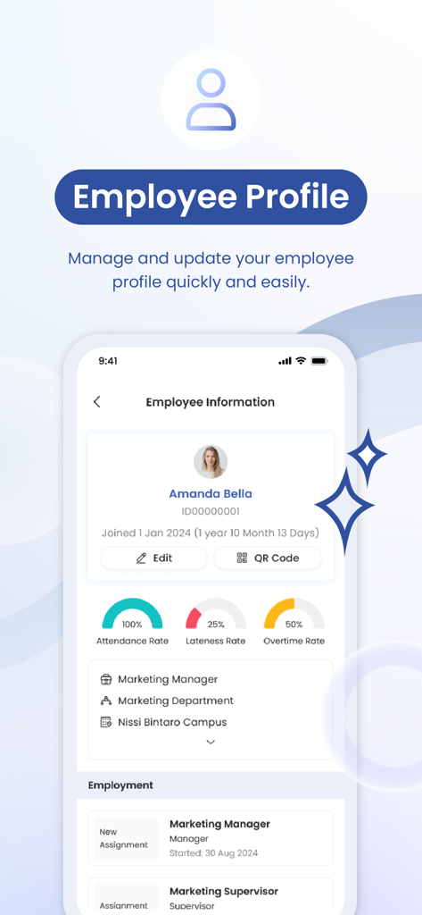 SunFish Mobile - SunFish Mobile app interface showing a detailed employee profile with attendance rates and job information
