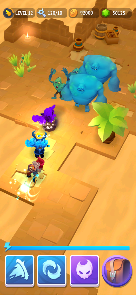 Nonstop Knight 2 - Action RPG - A knight fighting blue monsters in a desert dungeon environment with action skills visible