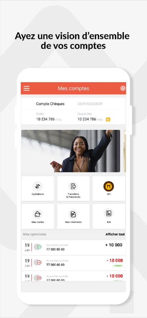 Painel da aplicação CBAO Mobile com saldo de conta e transações recentes para gestão de finanças no Senegal