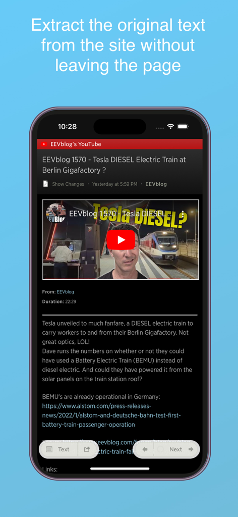 NewsBlur - NewsBlur App-Oberfläche, die die Textextraktionsfunktion aus einem externen Blogbeitrag anzeigt.