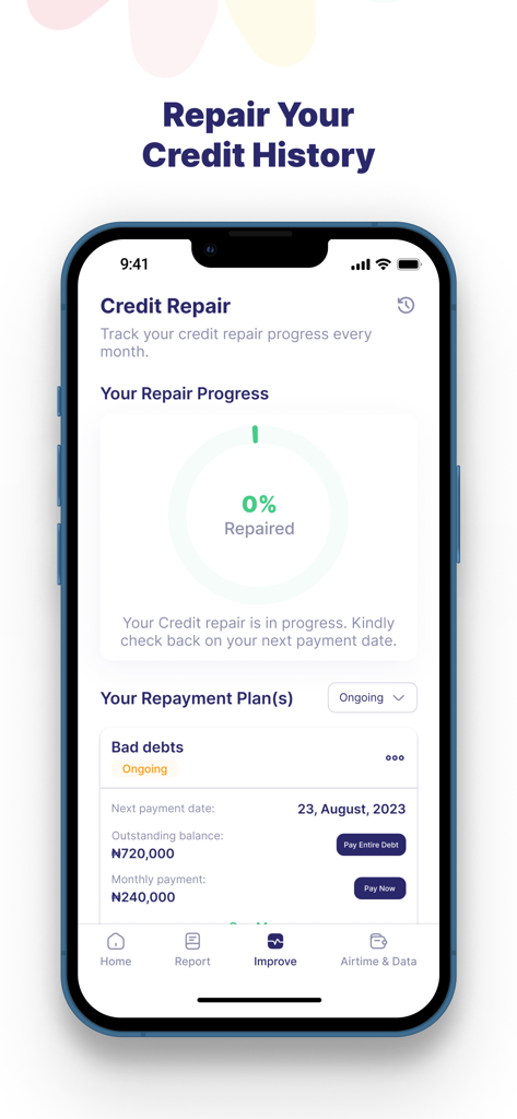 Pebblescore - Interface of the PebbleScore app showing a credit repair progress circle and bad debt repayment details