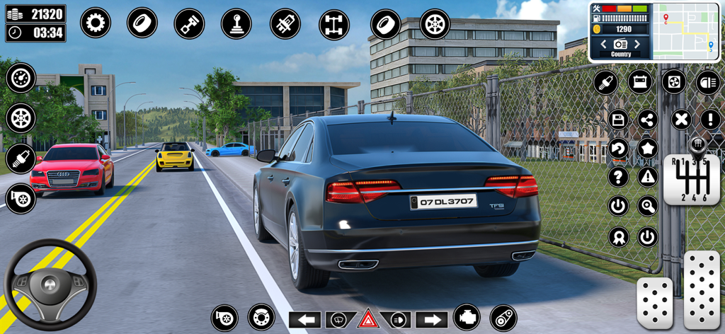 City Driving School Car Games - Third person view of a black sedan driving through a city street in a mobile driving school simulation game.