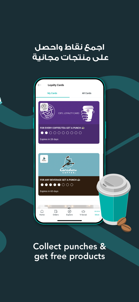 V-Thru - Tela do aplicativo móvel V-Thru mostrando cartões de fidelidade digitais para várias cafeterias