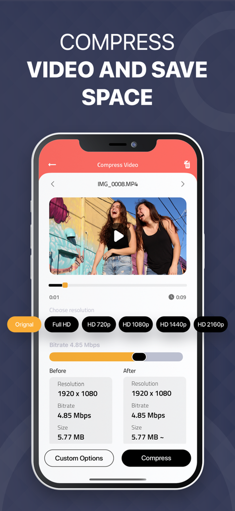 Video Compressor: Resize Image - Smartphone interface of the Video Compressor app showing options to resize video and compare file sizes